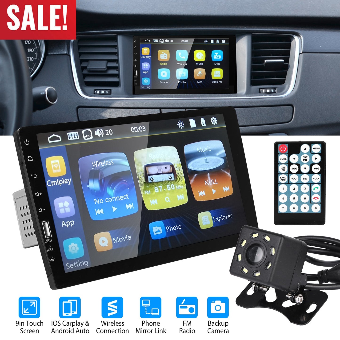 9-Inch Touchscreen Car Stereo with Backup Camera & CarPlay