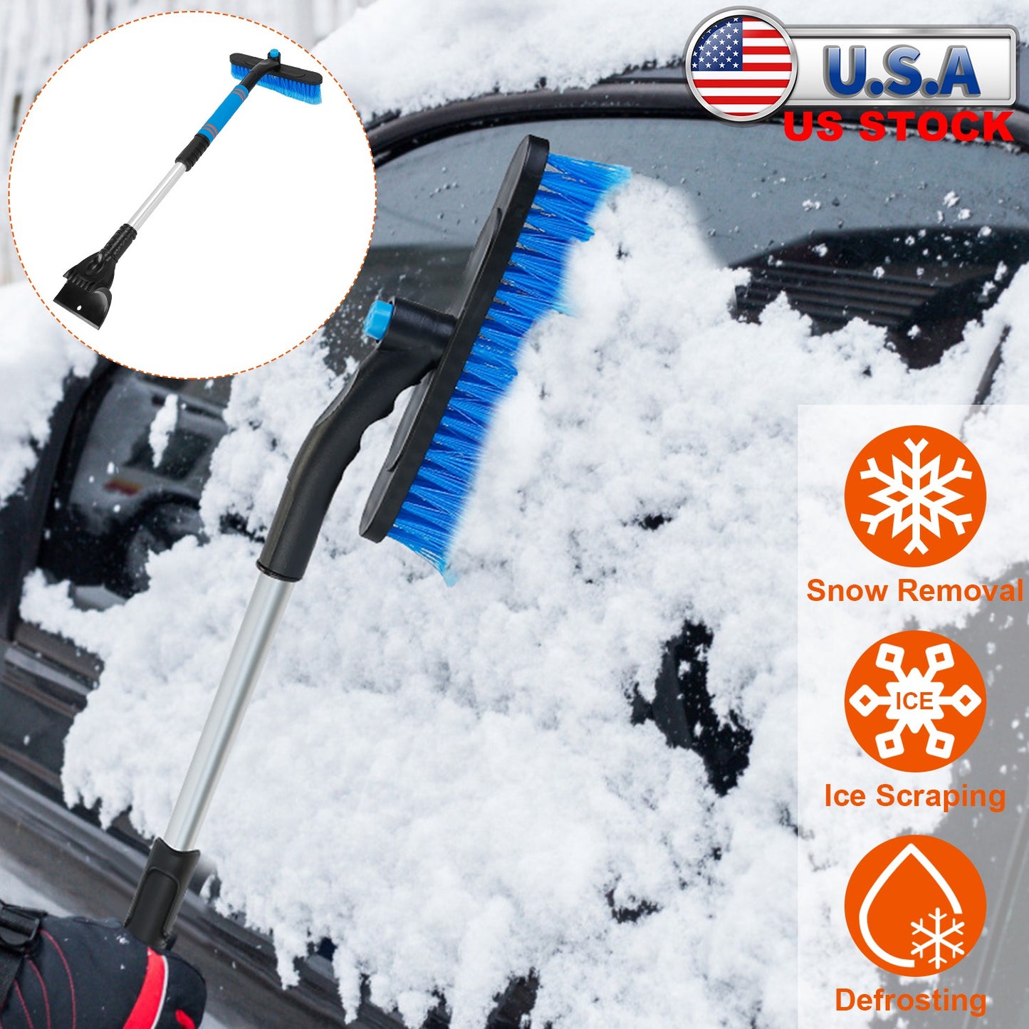 Extendable Snow Brush and Ice Scraper with Pivoting Head