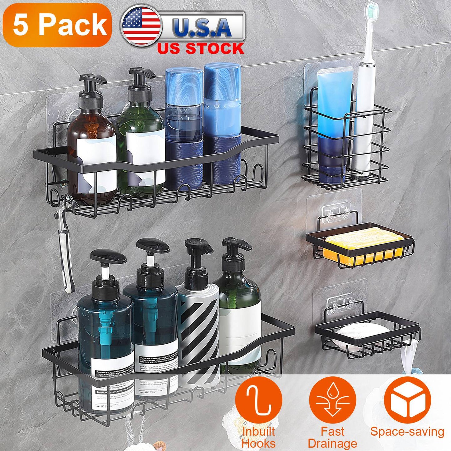 Shower Caddy 5-Piece Set with 18 Hooks - Adhesive Wall Mount