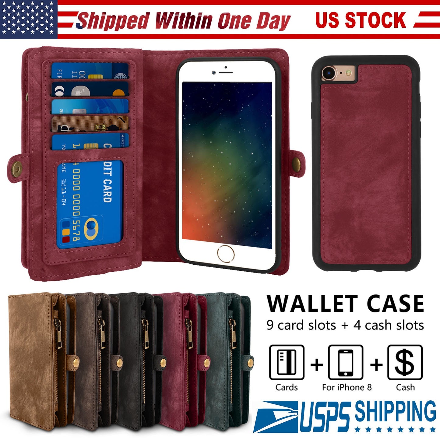 iPhone 8 Wallet Case with 13 Card Slots & Detachable Cover