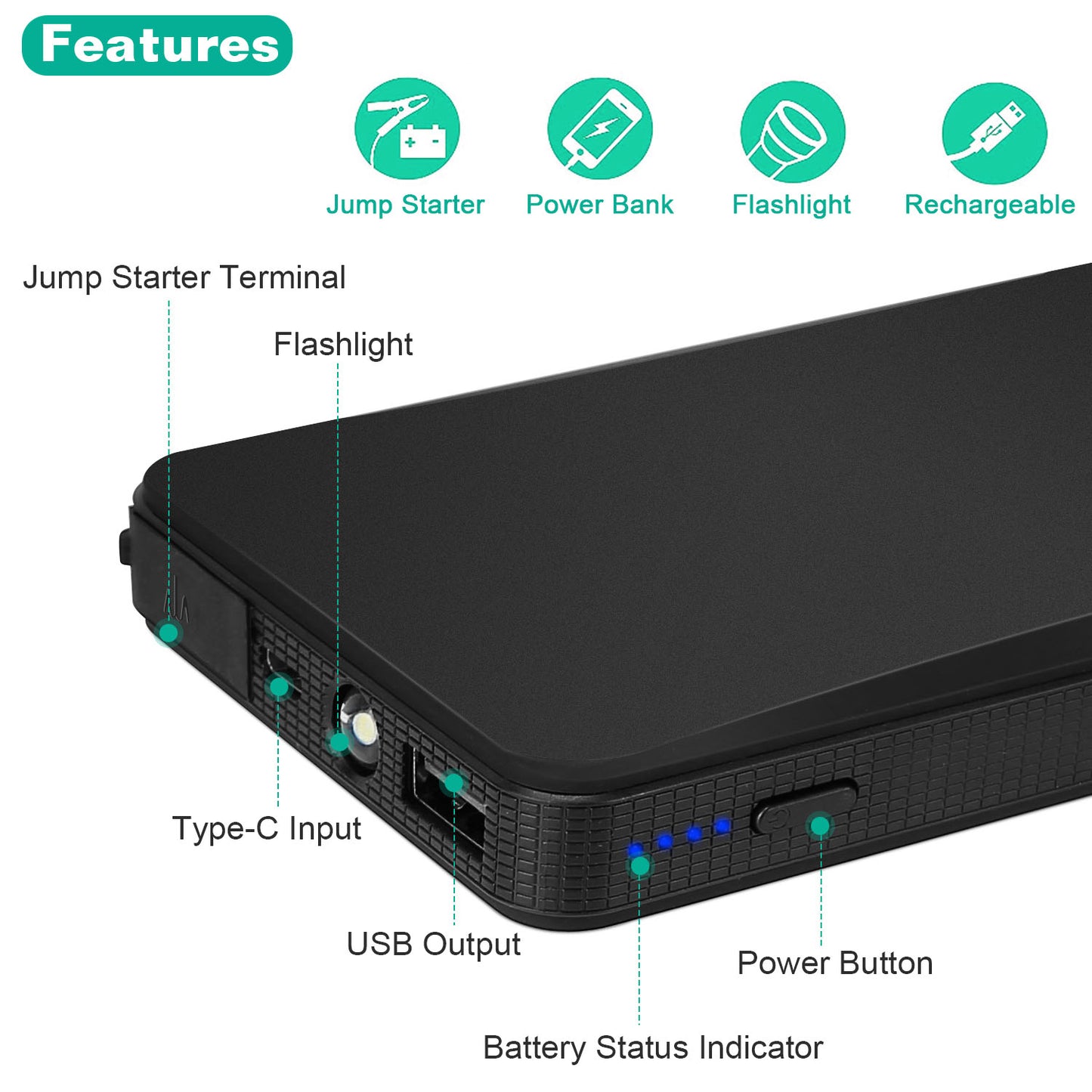 Car Jump Starter 400A Peak 20000mAh with LED Flashlight