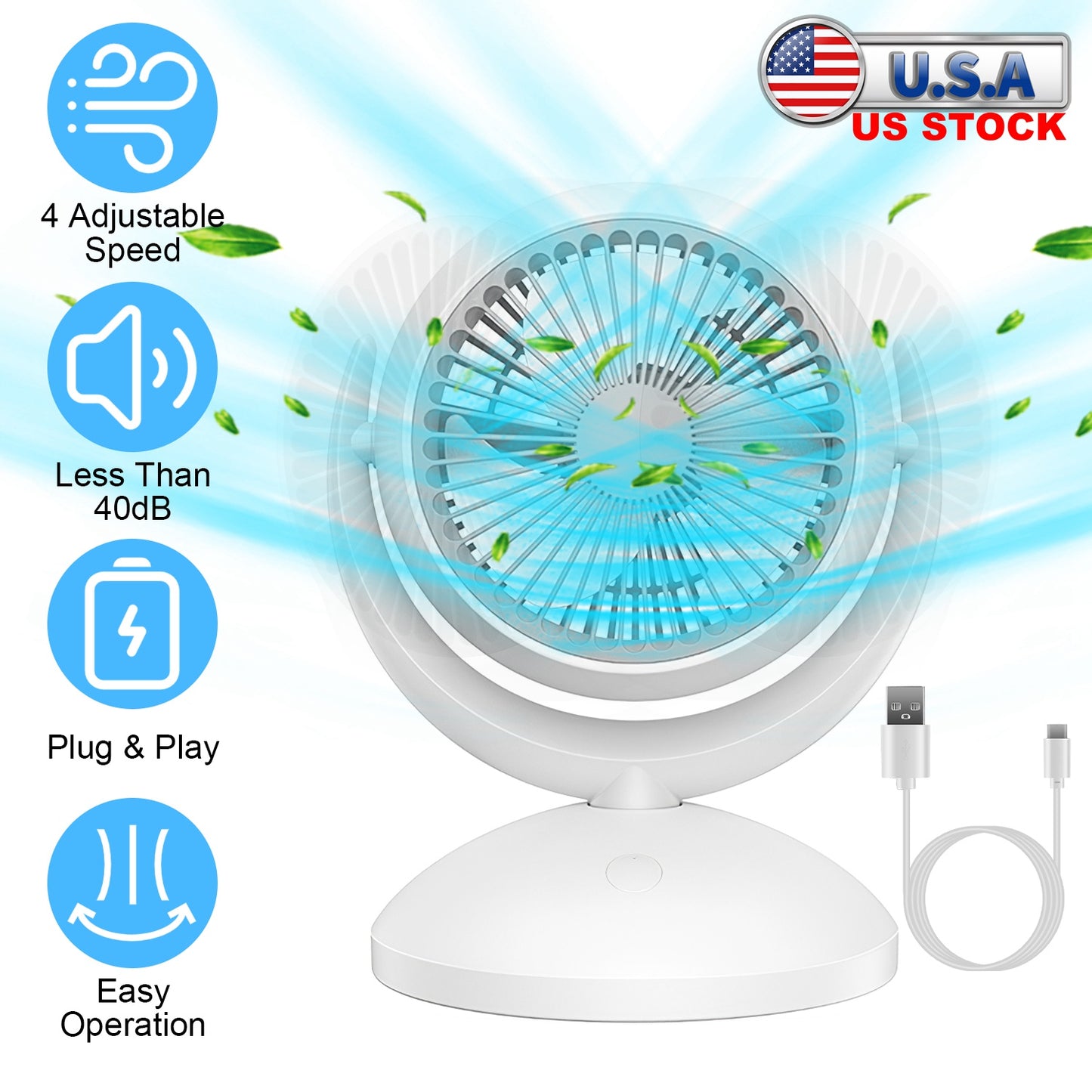 Rechargeable Desk Fan with 4 Speeds and Auto Oscillation