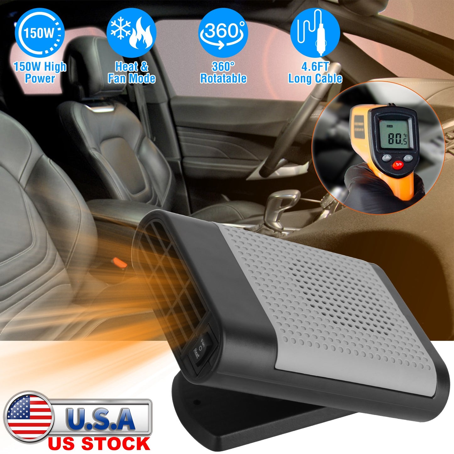 Portable Car Heater 150W 2-in-1 Defroster Fan with 360° Base