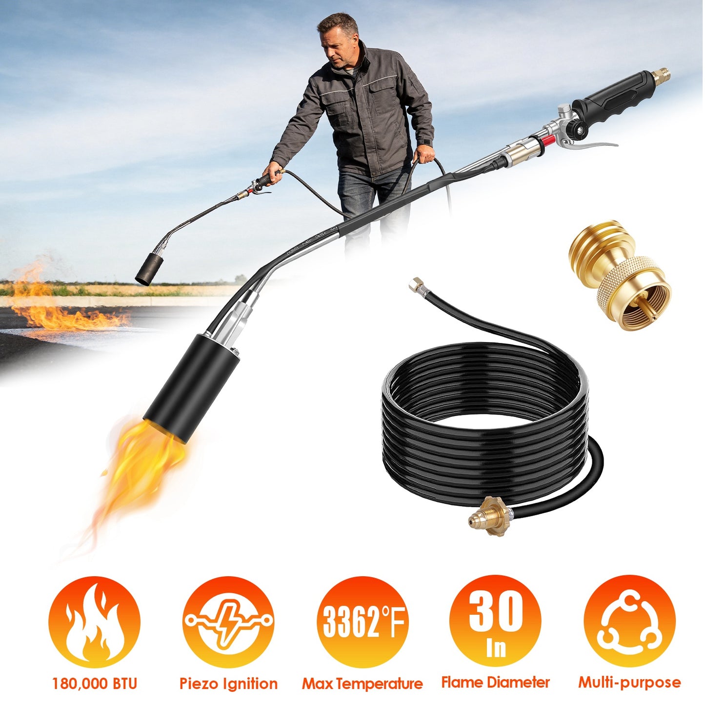 180,000 BTU Propane Weed Torch with 10FT Hose & Piezo Ignition