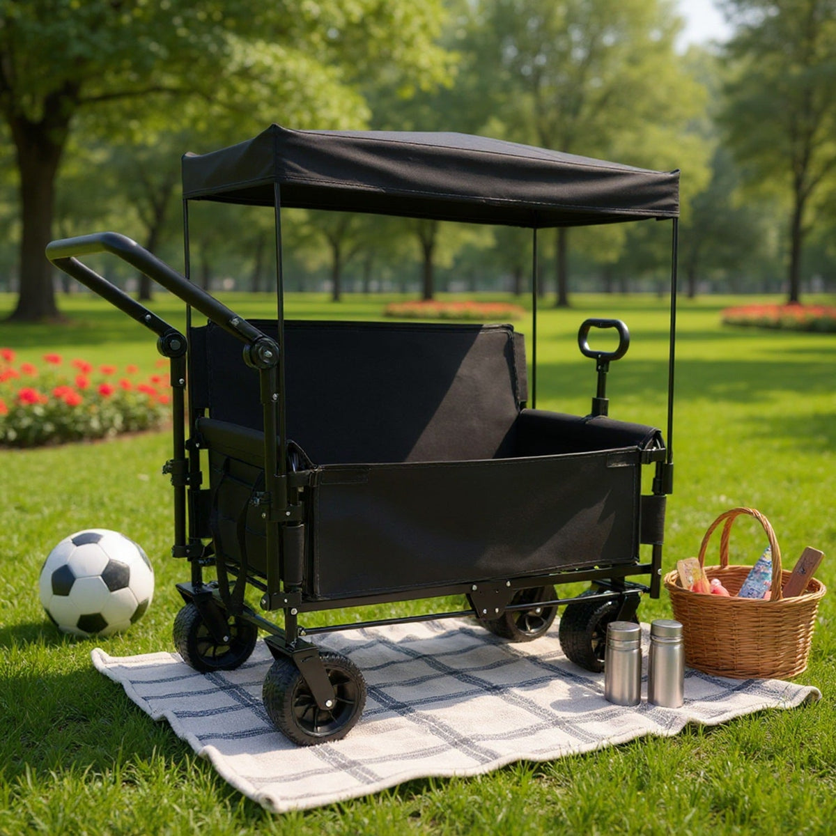 Folding Wagon Cart with Bench Seat & Canopy, 500lbs Capacity