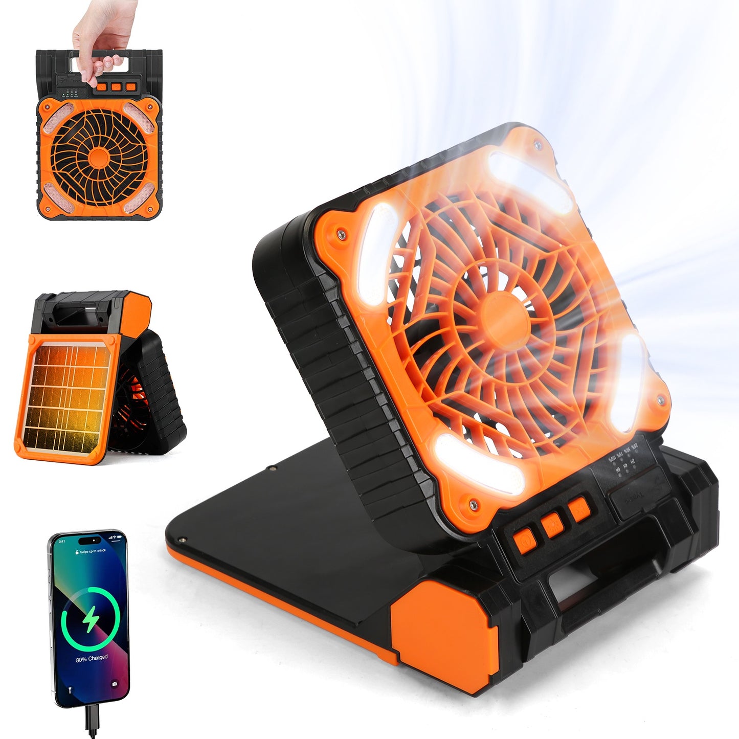 Solar Camping Fan with LED Lantern & 5200mAh Power Bank
