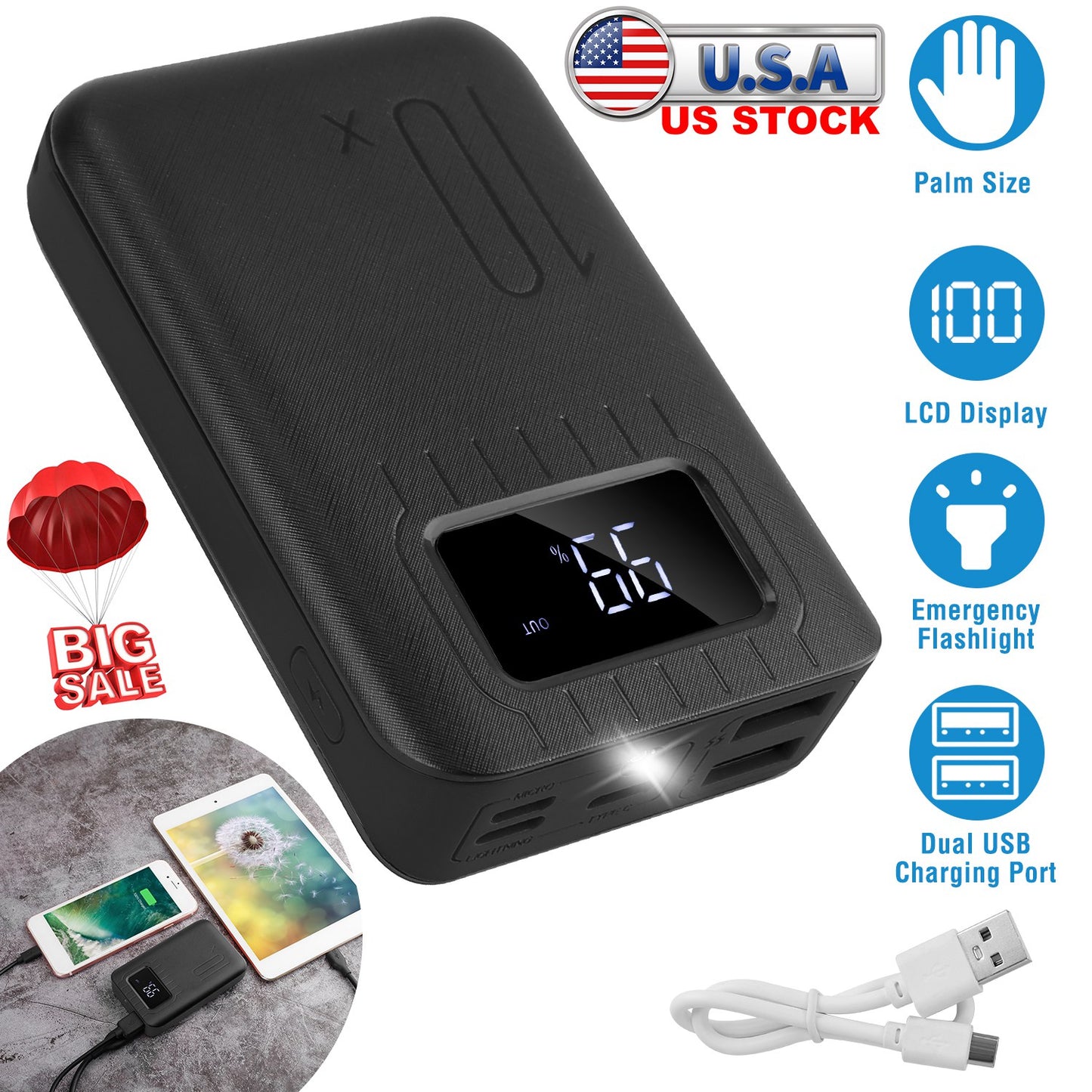 10000mAh Portable Power Bank with Dual USB Ports & LCD Display