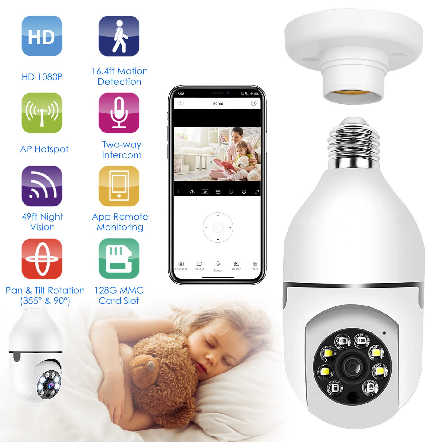 E27 WiFi Bulb Security Camera 1080P with Night Vision