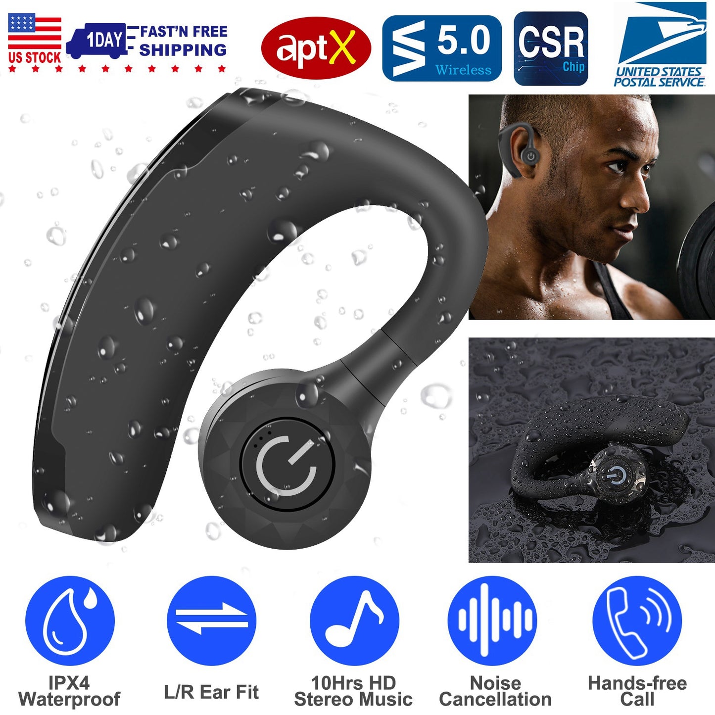Wireless Bluetooth Earbuds with Ear Hook & 10Hr Playtime