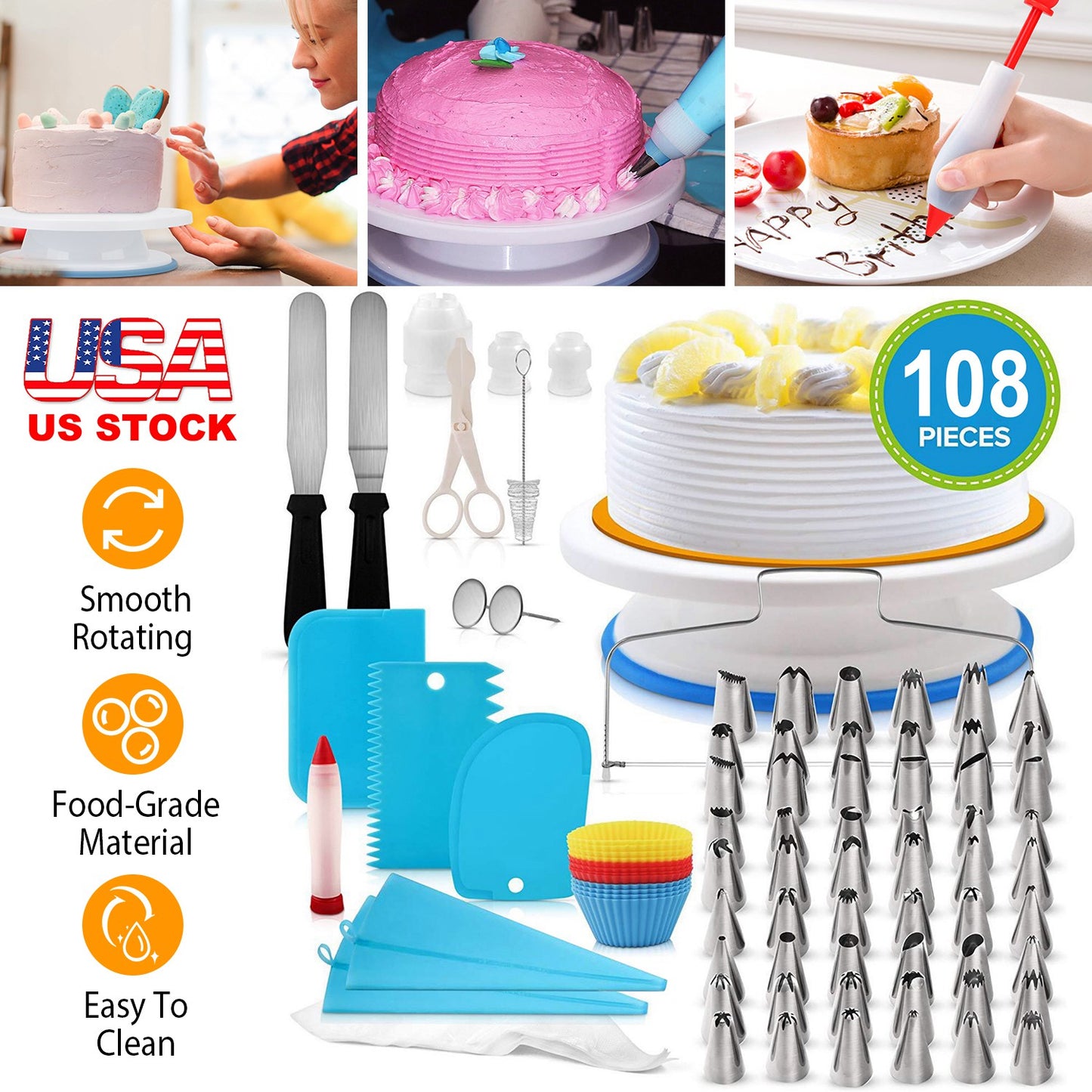 Rotating Cake Turntable with 108-Piece Decorating Kit