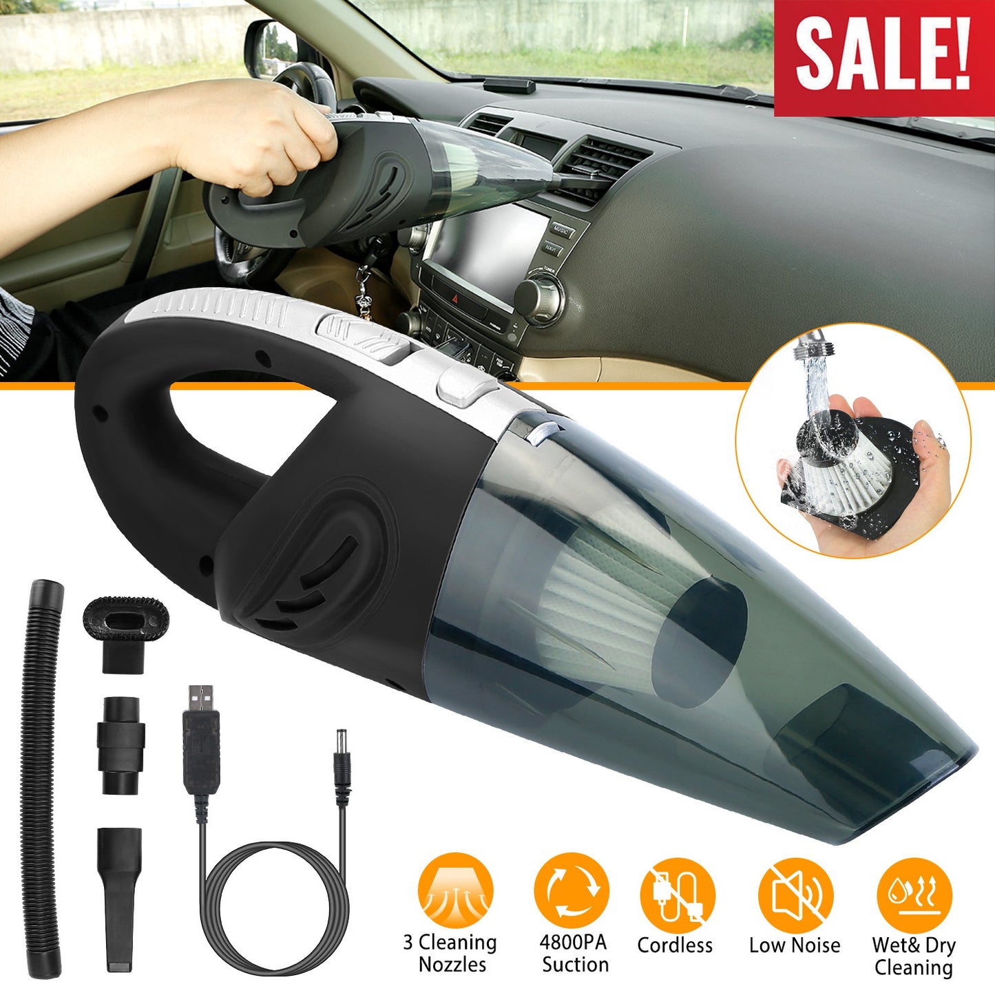 Cordless Handheld Car Vacuum Cleaner with 4800PA Suction