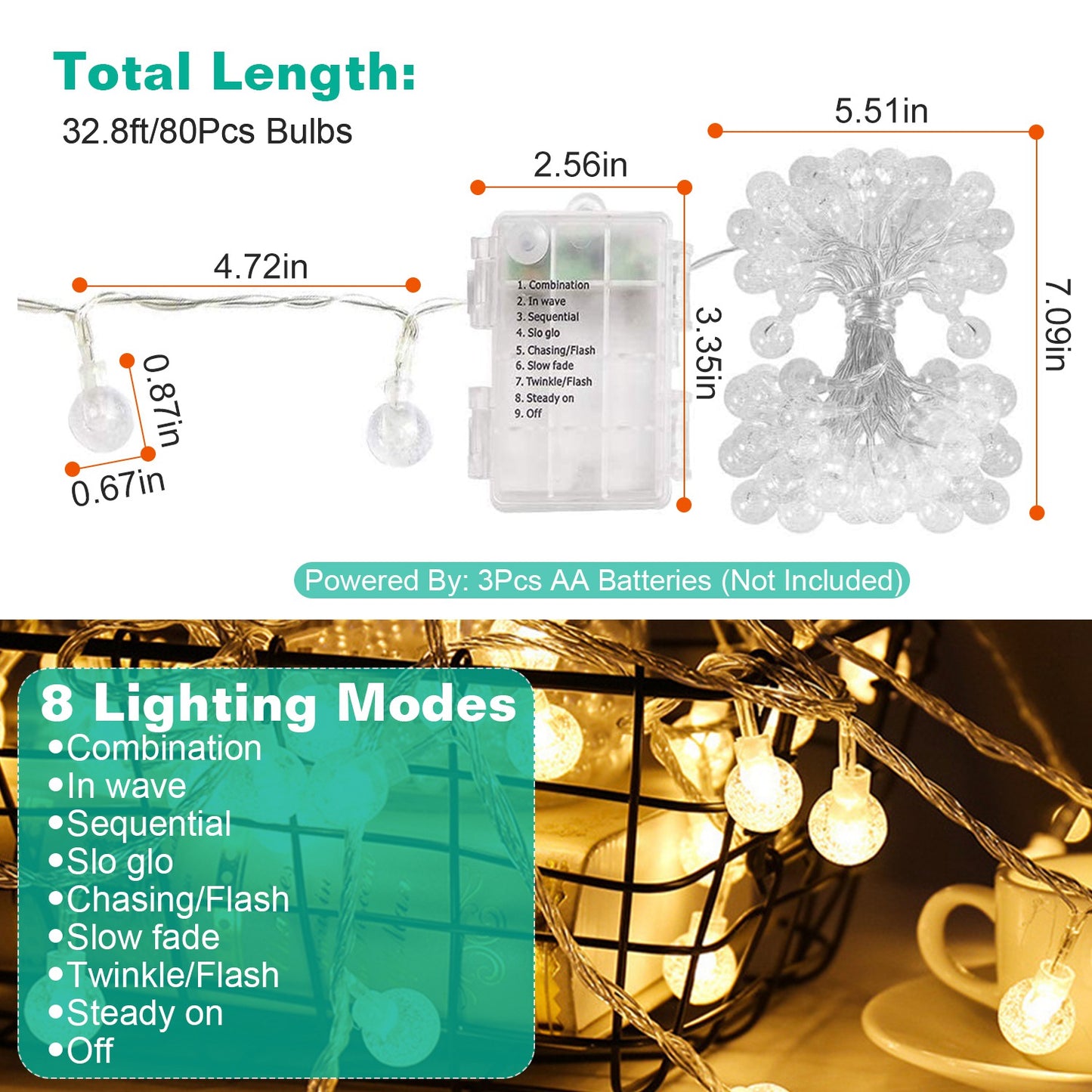 Globe String Lights 32.8ft Battery Powered with Remote Control