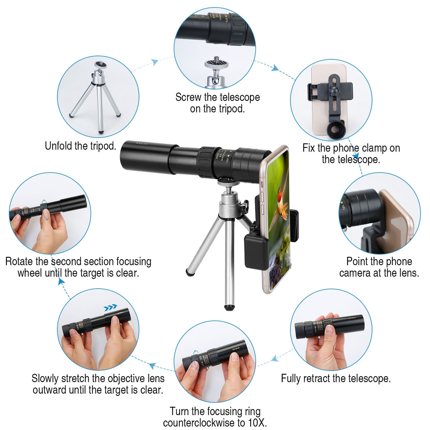 Monocular Telescope 10X-300X Zoom with Phone Holder & Tripod
