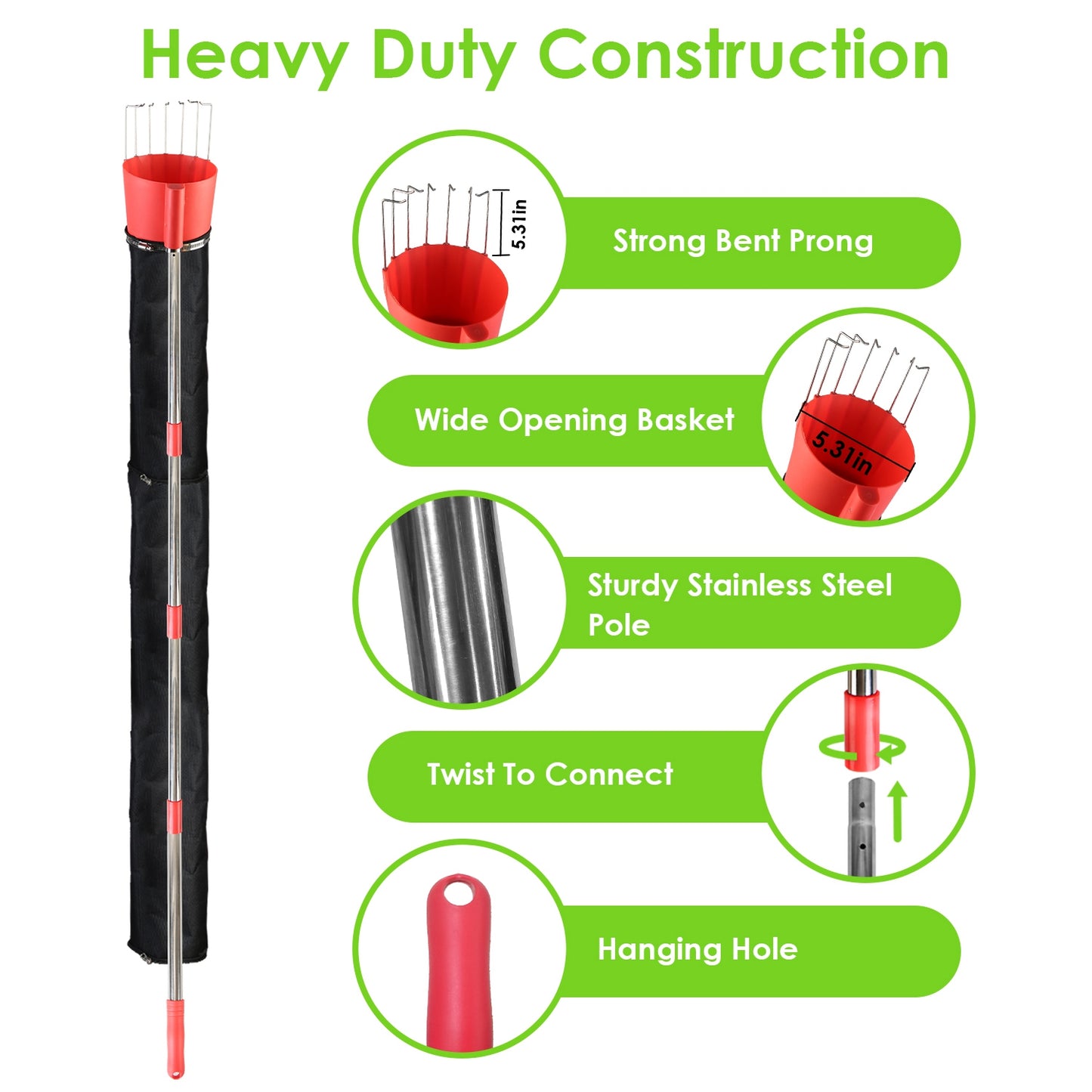 Fruit Picker Pole with Harvest Bag - 13.43ft Telescopic Reach