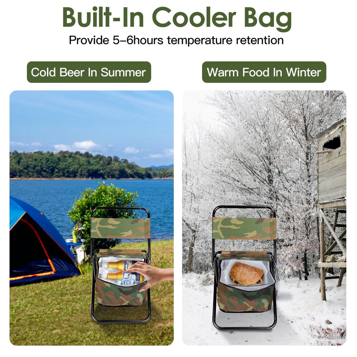 Foldable Fishing Chair with Built-In Cooler Bag and Backrest