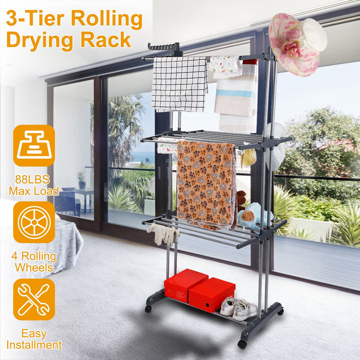 Clothes Drying Rack Rolling Collapsible Laundry Dryer Hanger Stand Rail ShelveWardrobe Clothing Drying Racks w/ Dual Side Wings