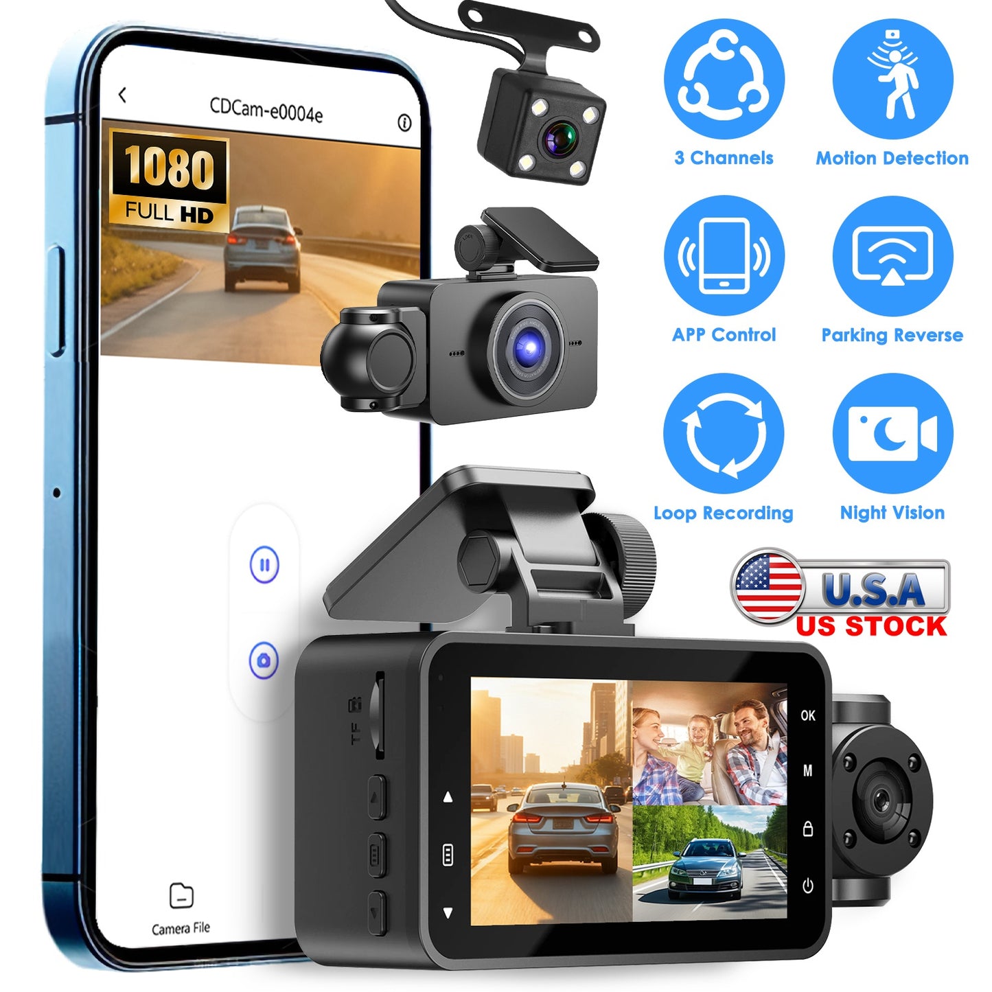 3-Channel Dash Cam with Front, Rear & Interior Cameras