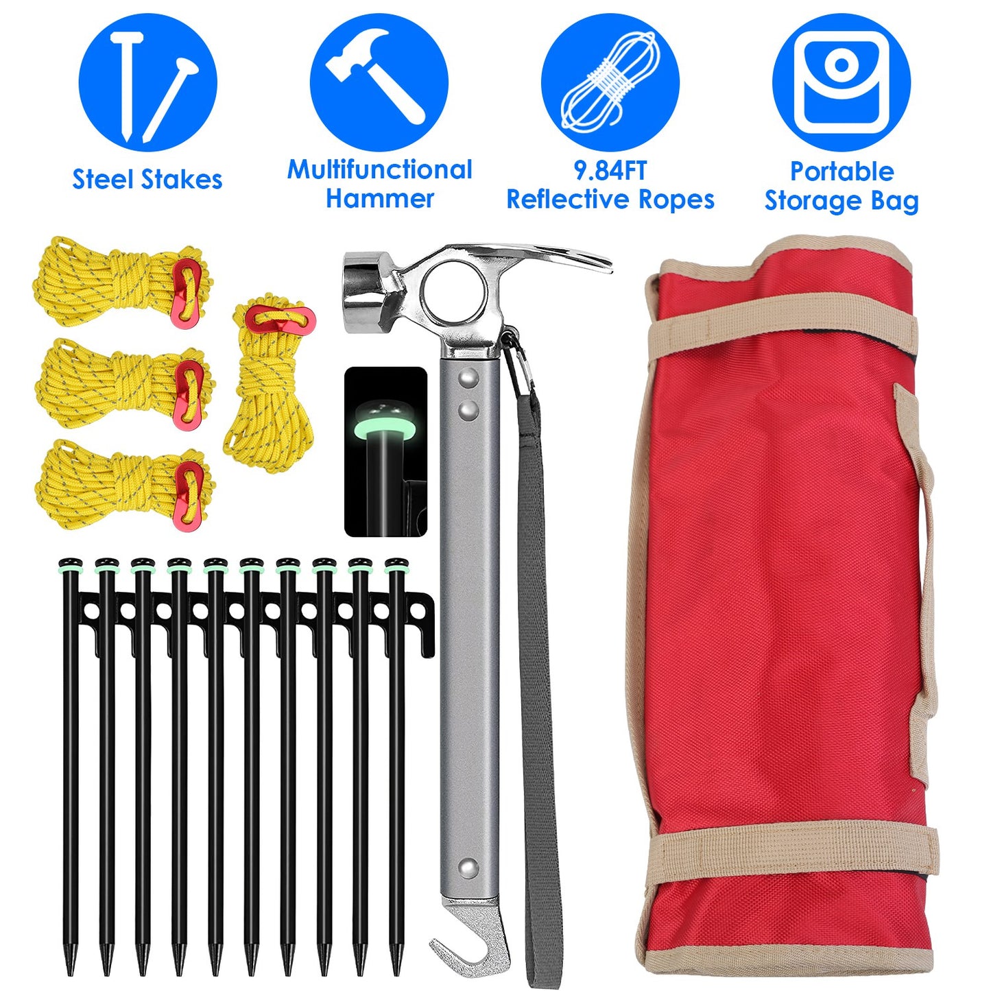 Tent Stakes Kit with Hammer and Reflective Ropes - 10 Stakes