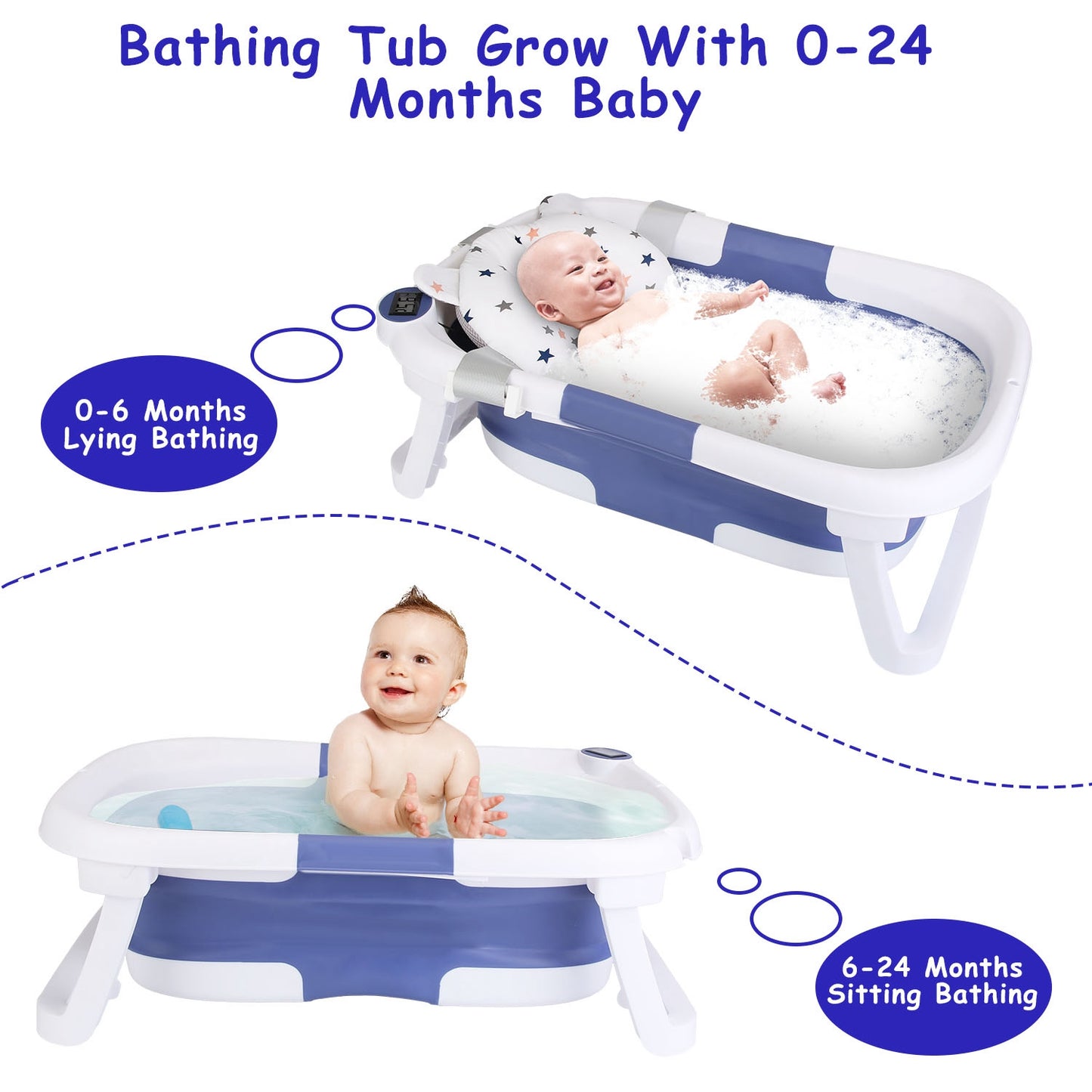 Collapsible Baby Bathtub with Thermometer for 0-24 Months