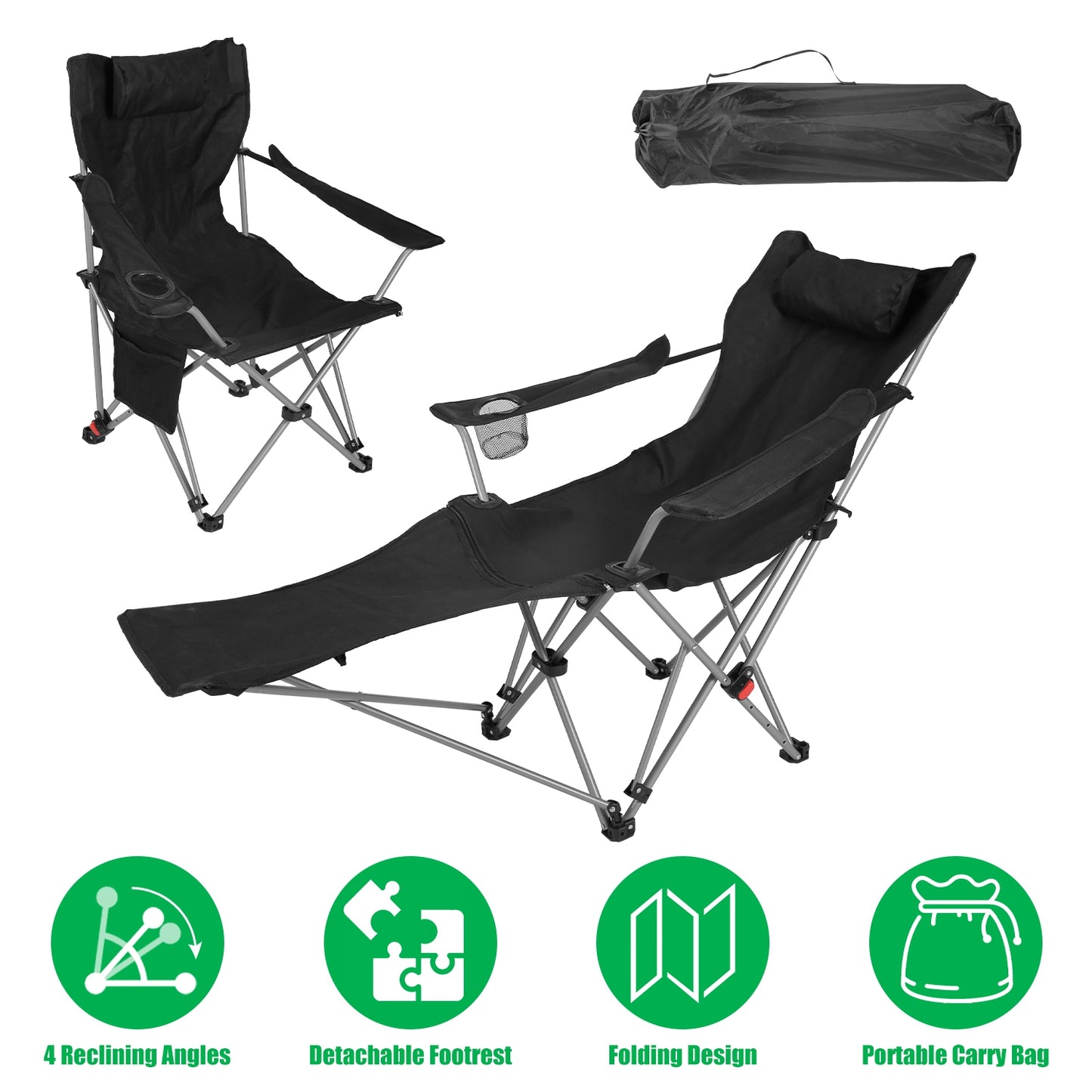 Reclining Camping Chair with Footrest - 4-Position Adjustable