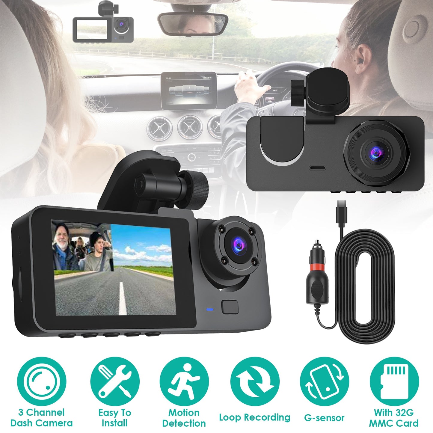 3-Channel Dash Cam with Front, Inside & Rear Cameras