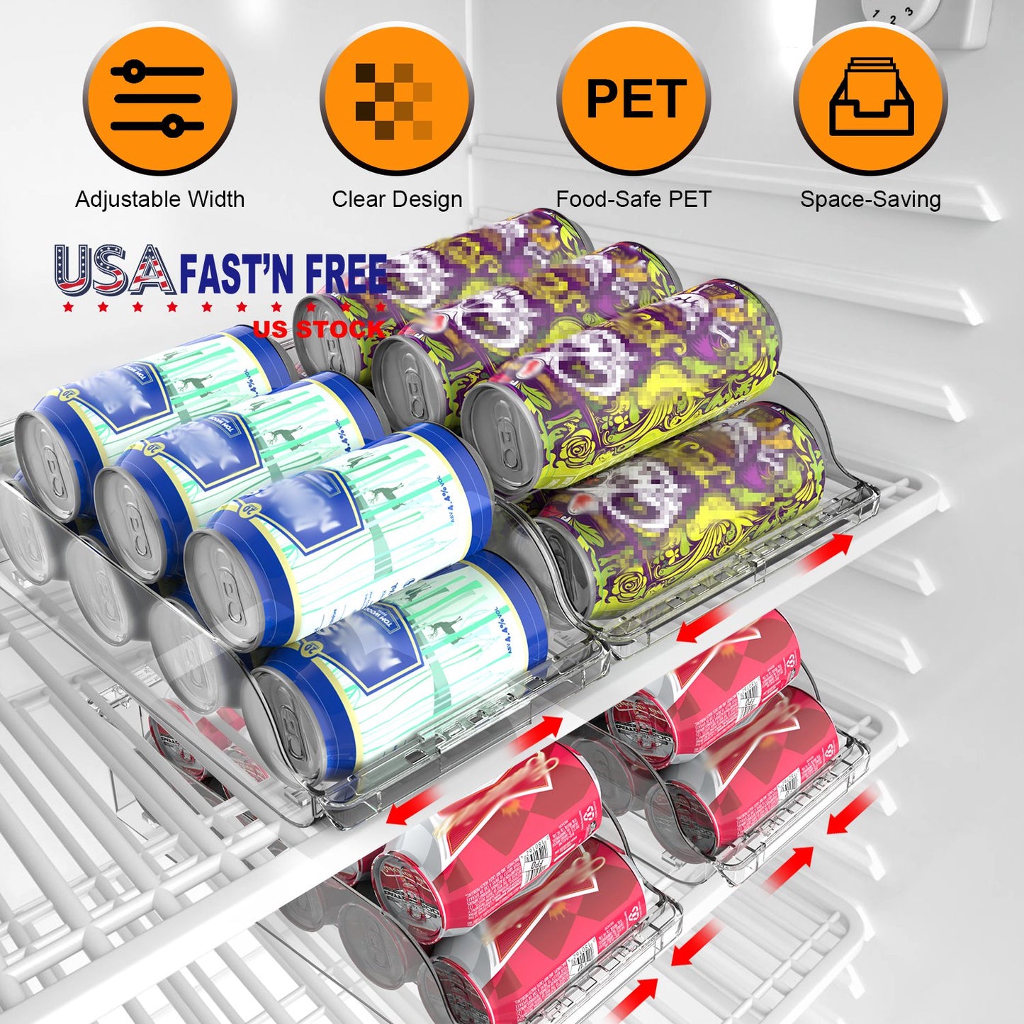 Adjustable Soda Can Organizer for Refrigerator - 4 Pack Clear