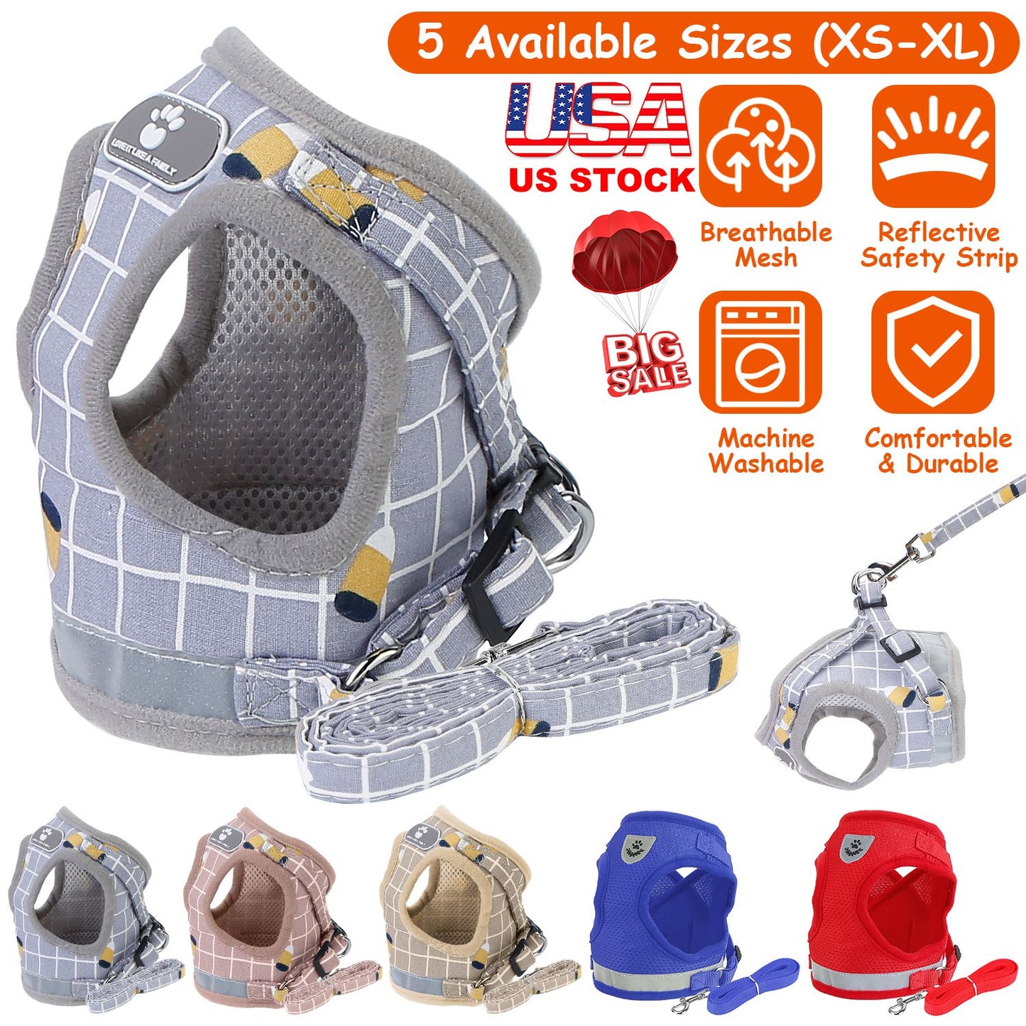 Reflective Dog Harness and Leash Set with Adjustable Mesh Vest