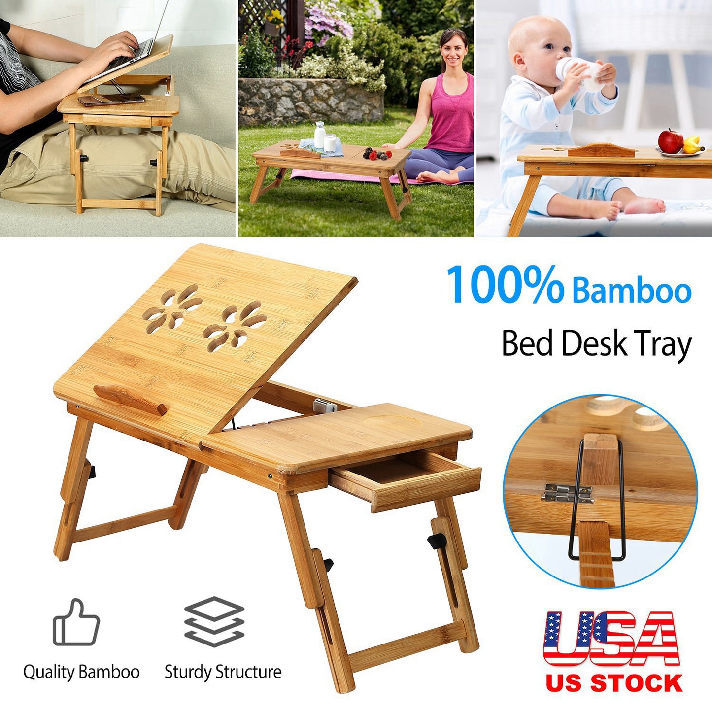 Bamboo Laptop Desk with Adjustable Legs and Storage Drawer