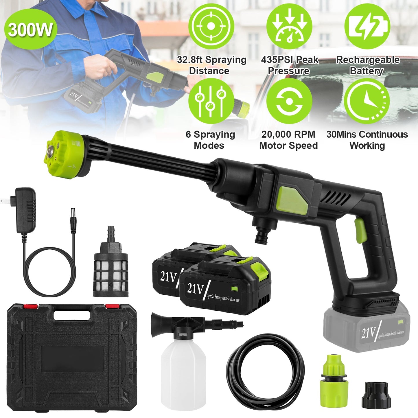 Cordless Pressure Washer 435PSI with 6-in-1 Nozzle