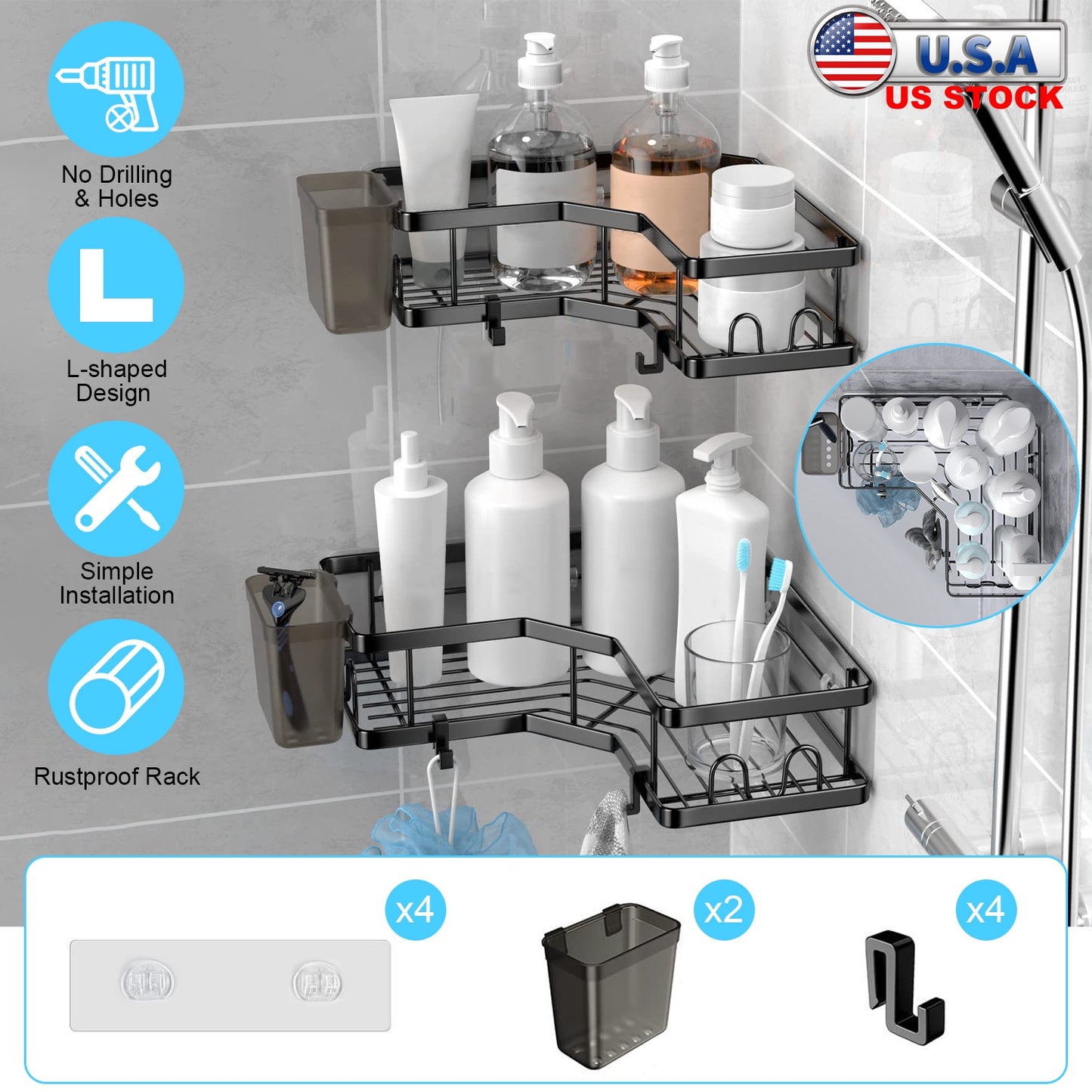 Corner Shower Caddy 2-Pack with Soap Holders & Hooks