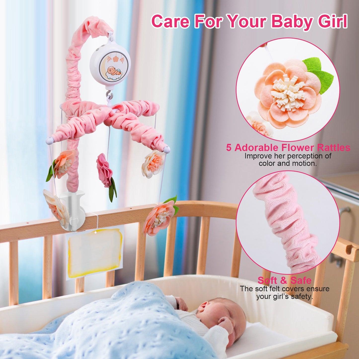 Musical Crib Mobile with 12 Melodies & Flower Rattles