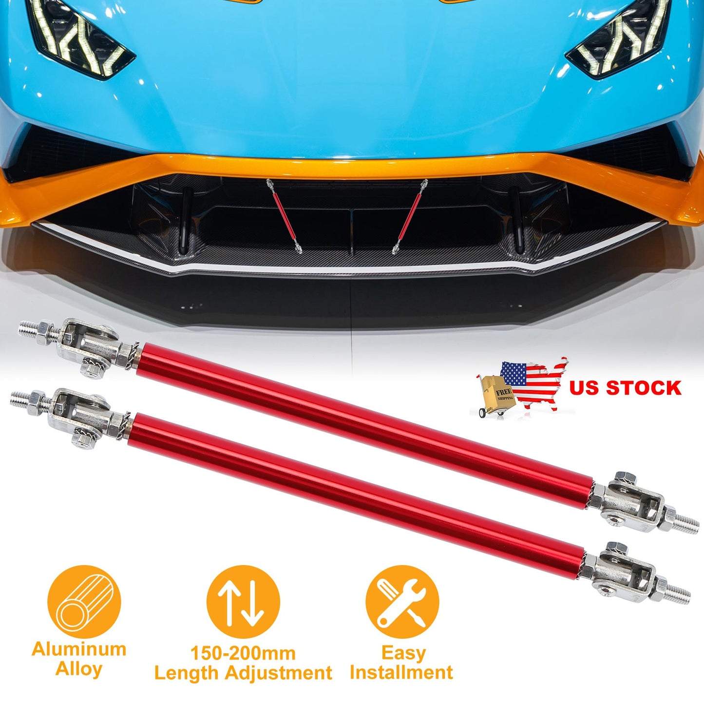 Adjustable Front Bumper Lip Support Rods 150-200mm Red