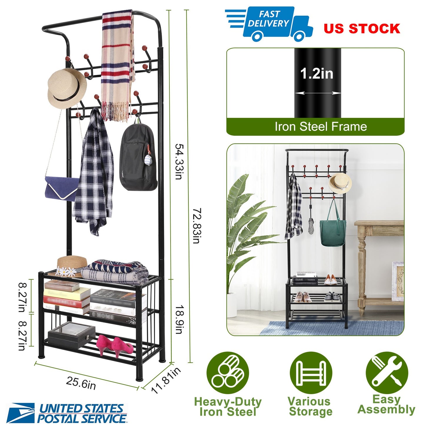 Entryway Hall Tree with Shoe Bench and 18 Hooks