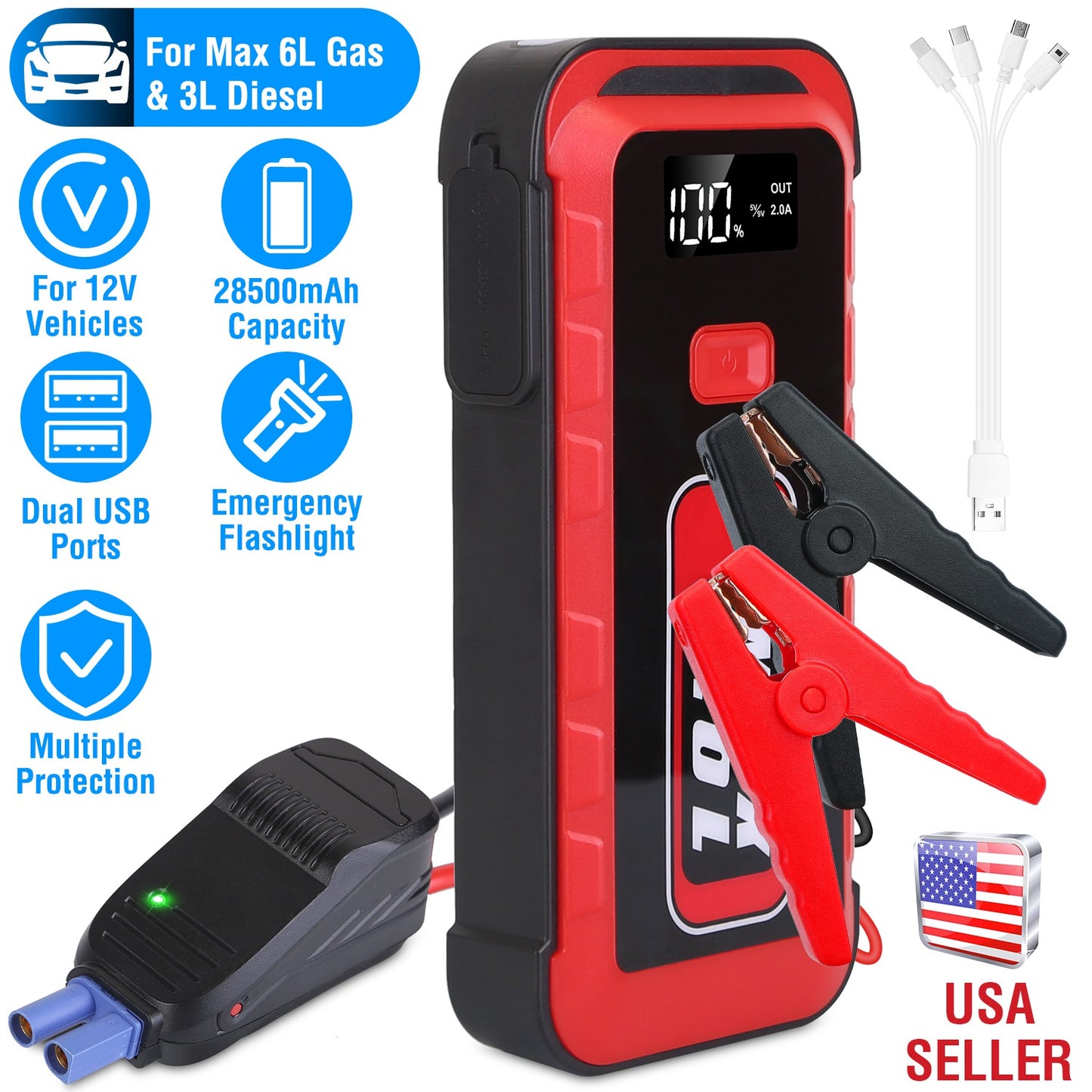 Car Jump Starter 2500A Peak 25800mAh Power Bank with LED Flashlight