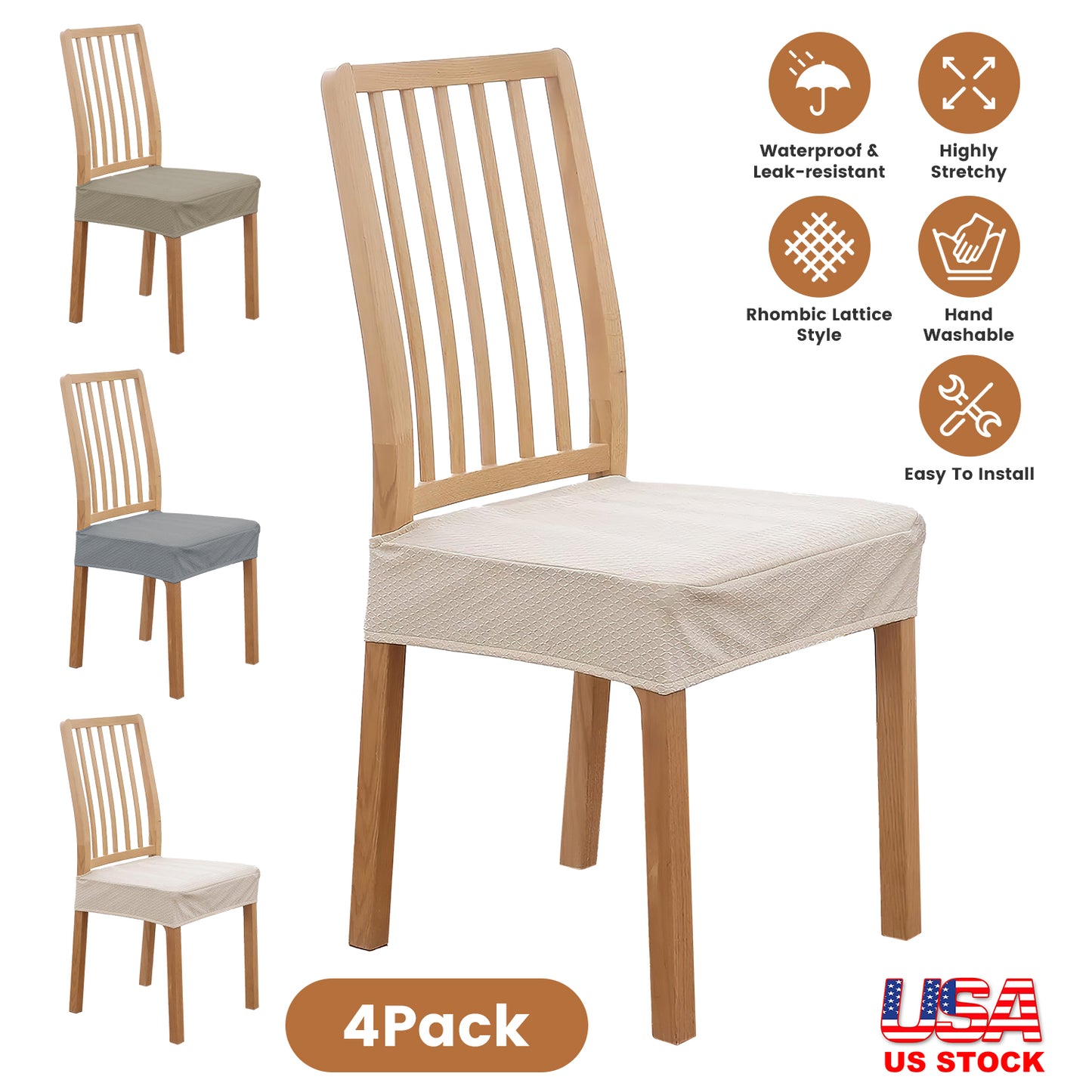 Waterproof Dining Chair Seat Covers - 4 Pack Stretch Slipcovers