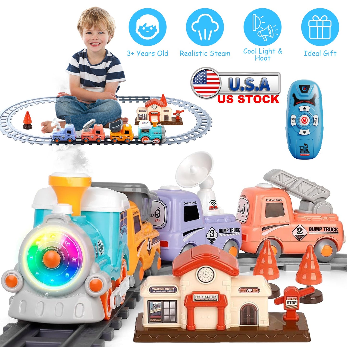 Electric Train Set with Remote Control, Smoke & Light Effects