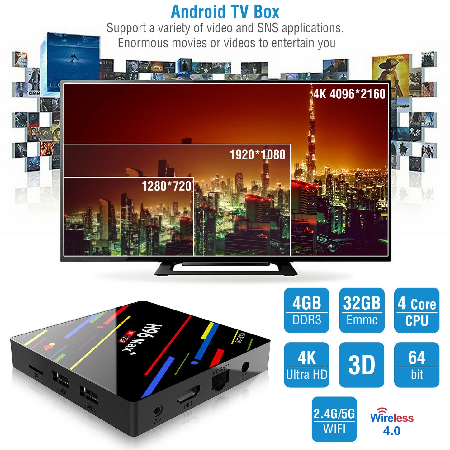 Android TV Box 4K Streaming Media Player with 4GB RAM