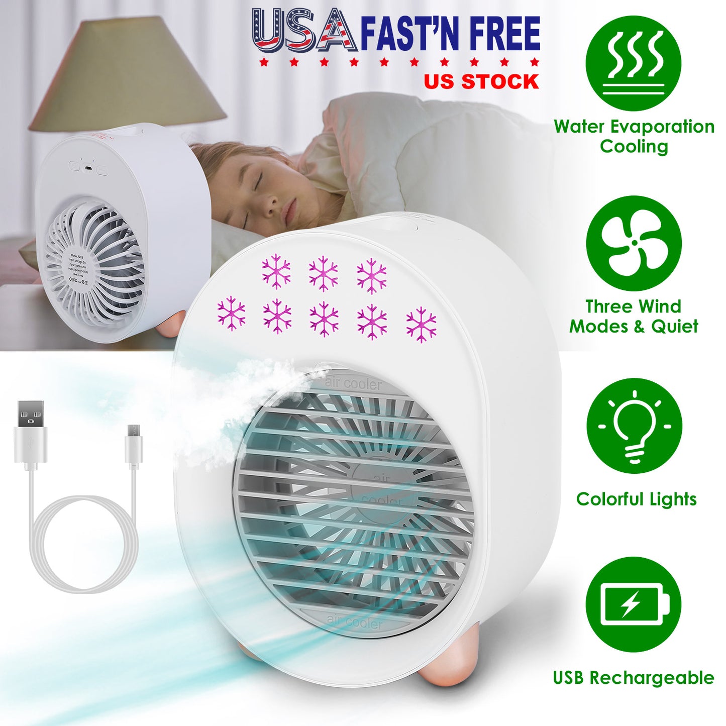 Portable Mini Air Conditioner Fan with Humidifier & LED Light