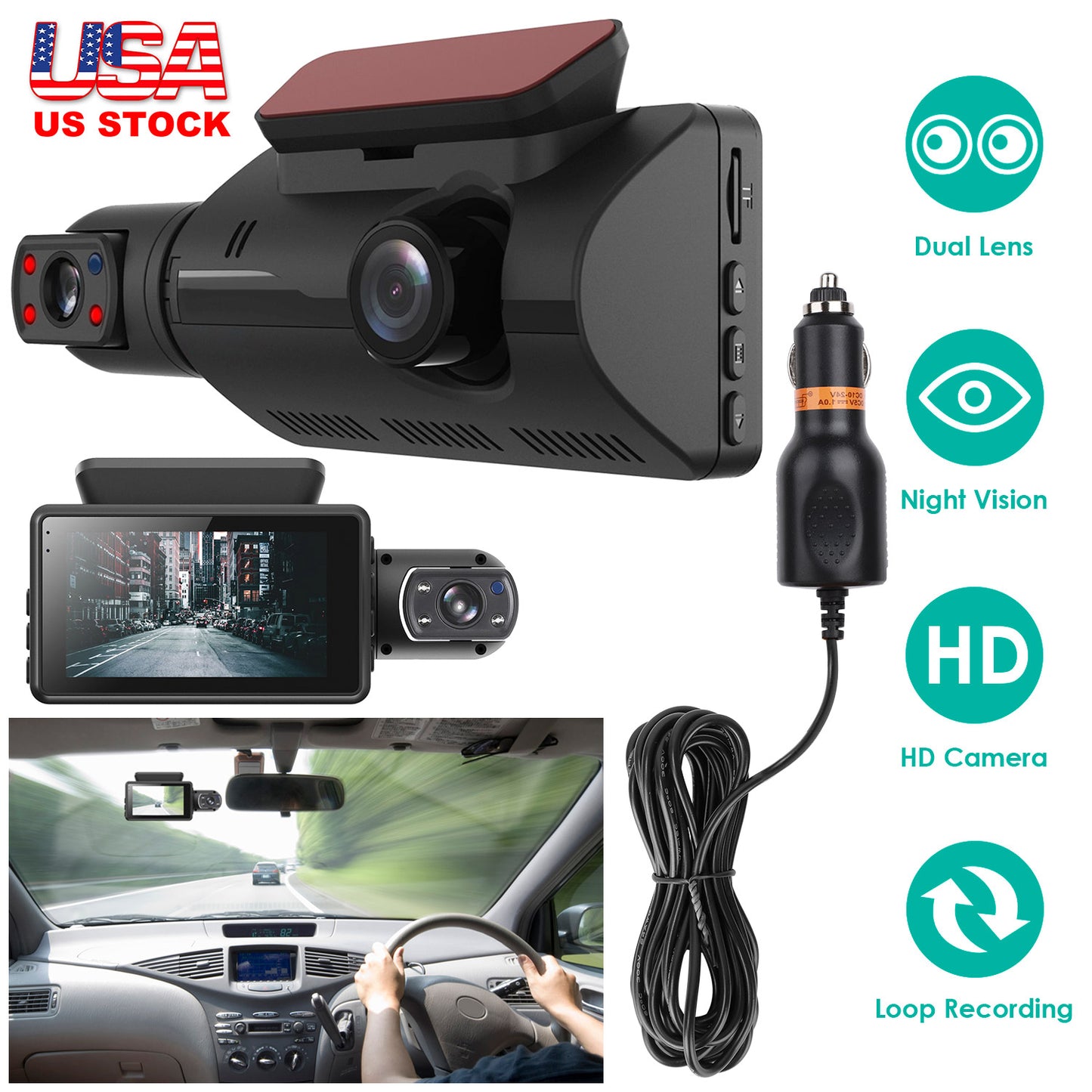 Dual Lens Dash Cam 720P Front & Interior Night Vision Camera
