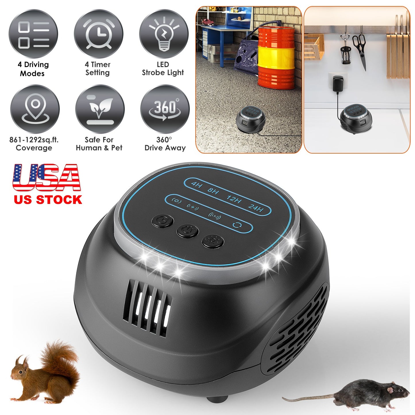 Ultrasonic Rodent Repeller with 4 Modes & Strobe Light