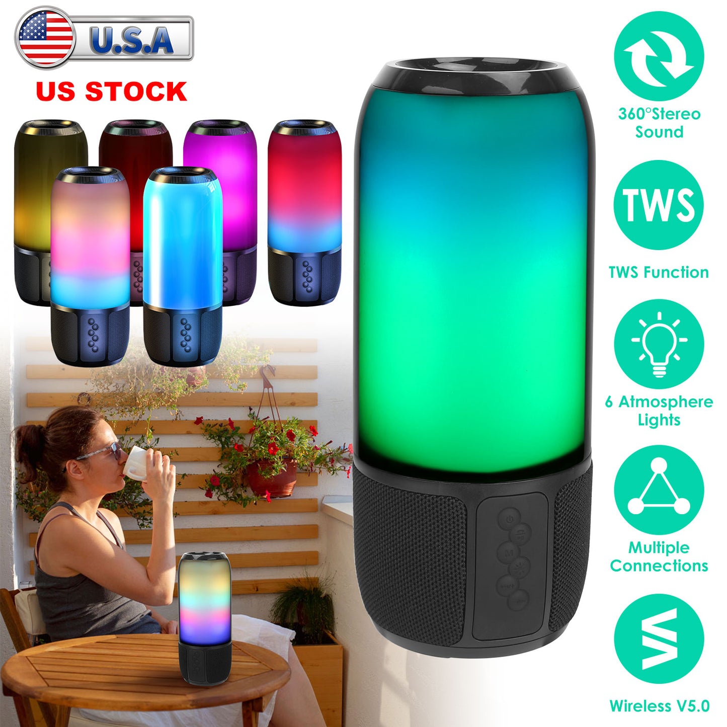 Portable Bluetooth Speaker with 6 Color LED Lights & Stereo Sound