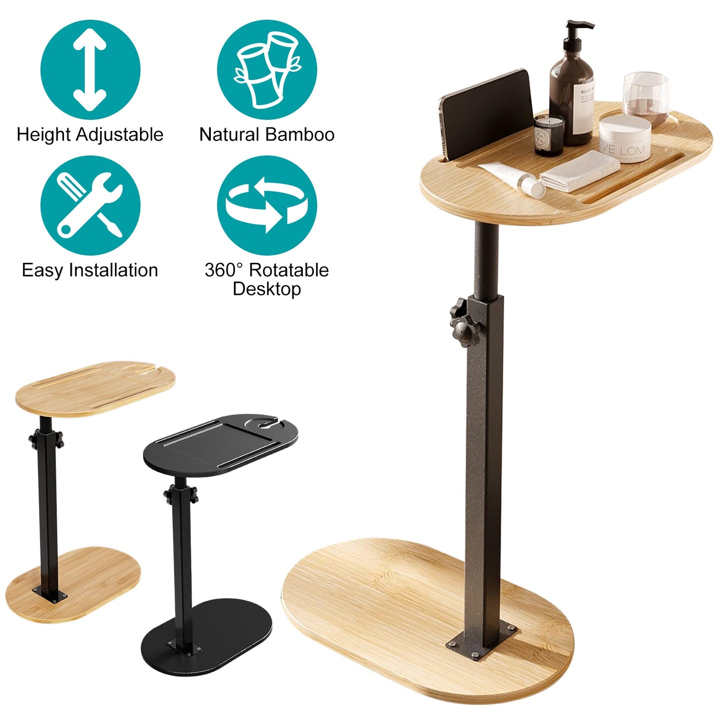 Adjustable C-Shaped Bathtub Tray Table with 360° Rotation