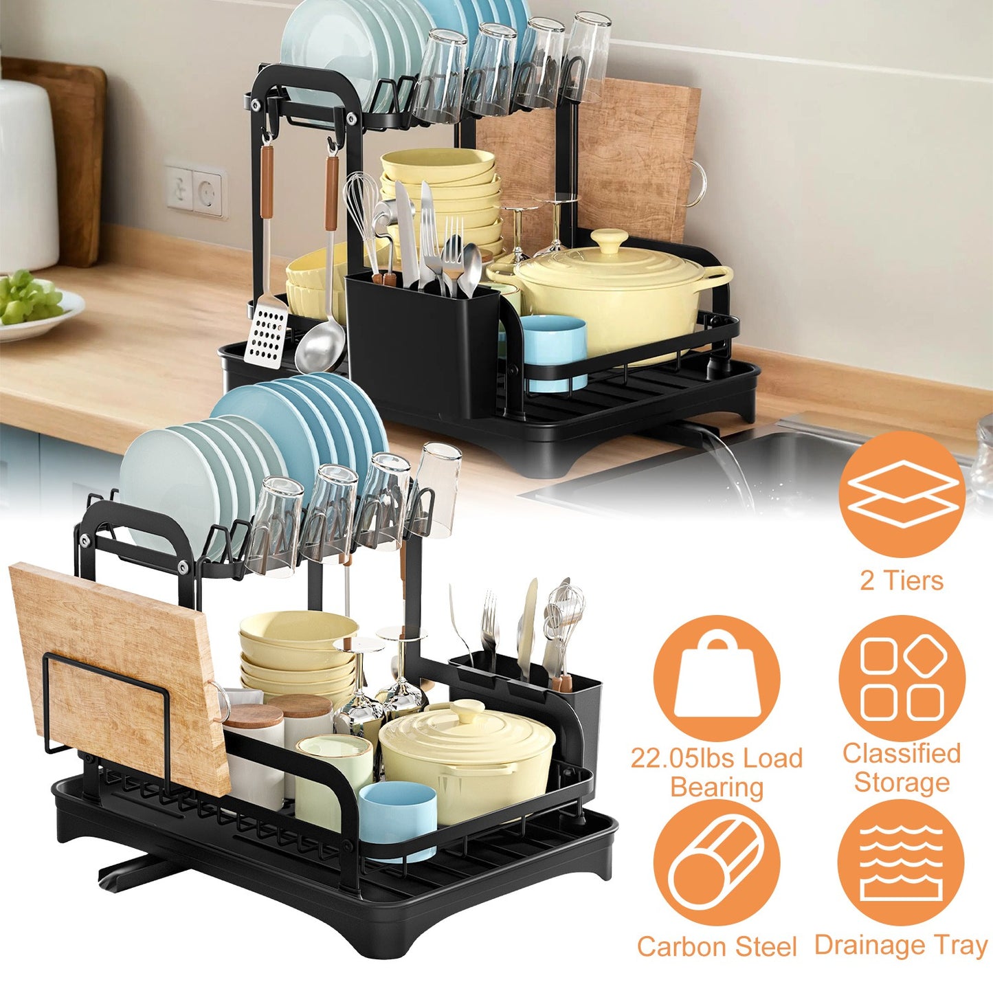2-Tier Dish Drying Rack with Drainboard and Utensil Holder