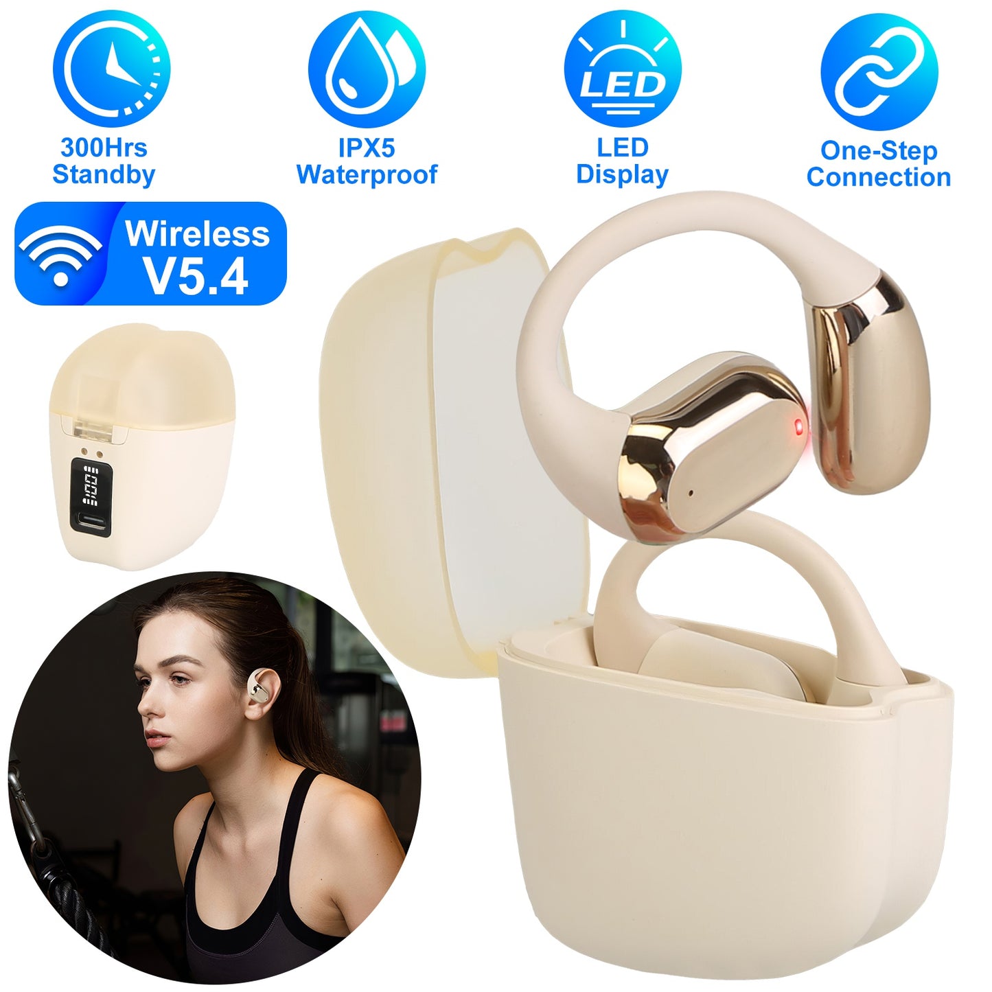 Open Ear Wireless Earbuds with LED Display & 300Hr Standby