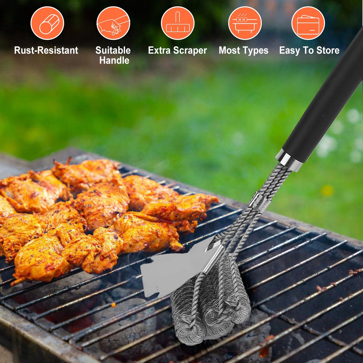 BBQ Grill Cleaning Brush with Scraper 16.5 Inch Handle