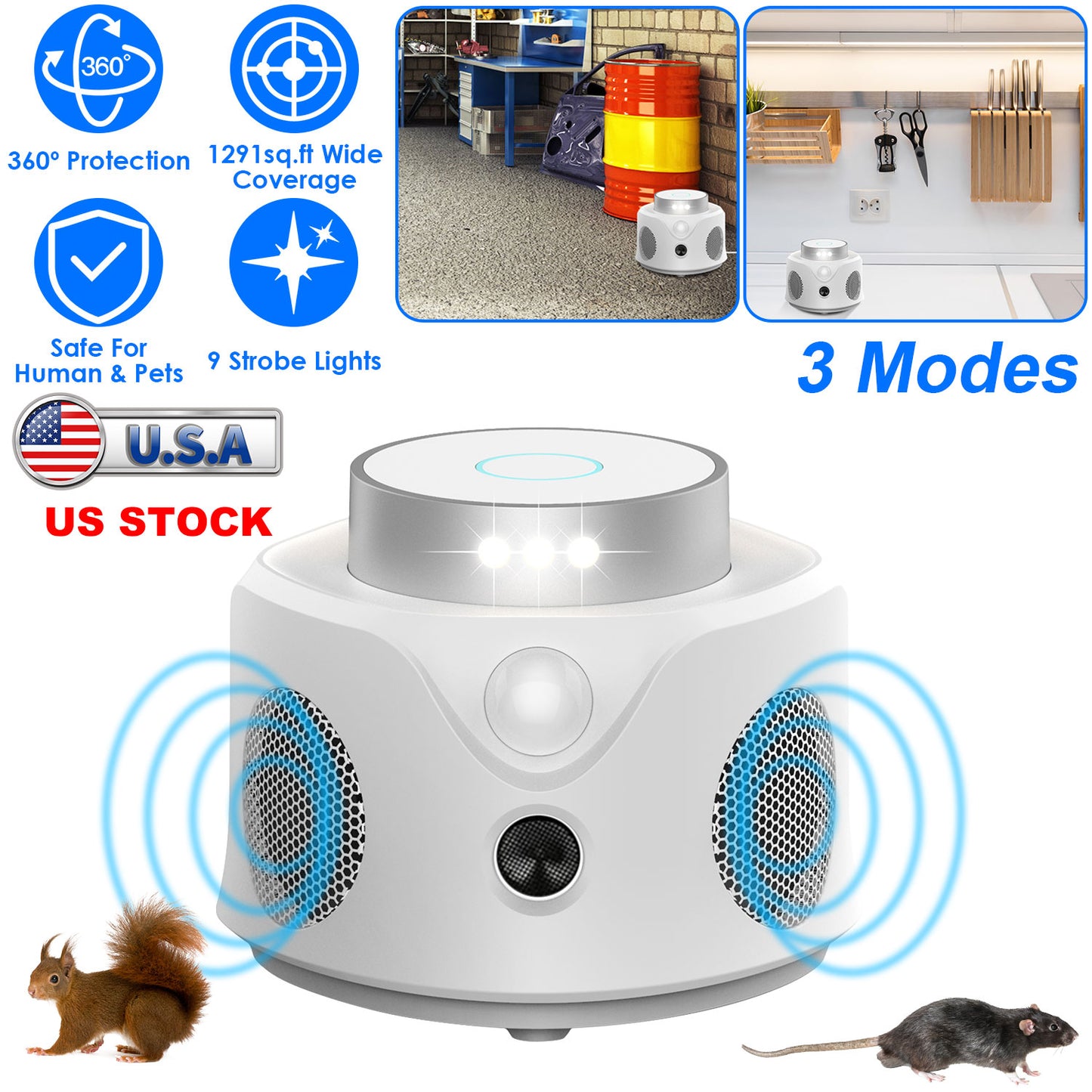 Ultrasonic Rodent Repeller with 360° Protection & LED Lights