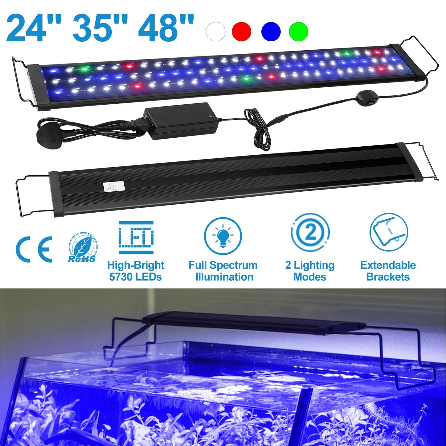 Full Spectrum LED Aquarium Light with Extendable Brackets