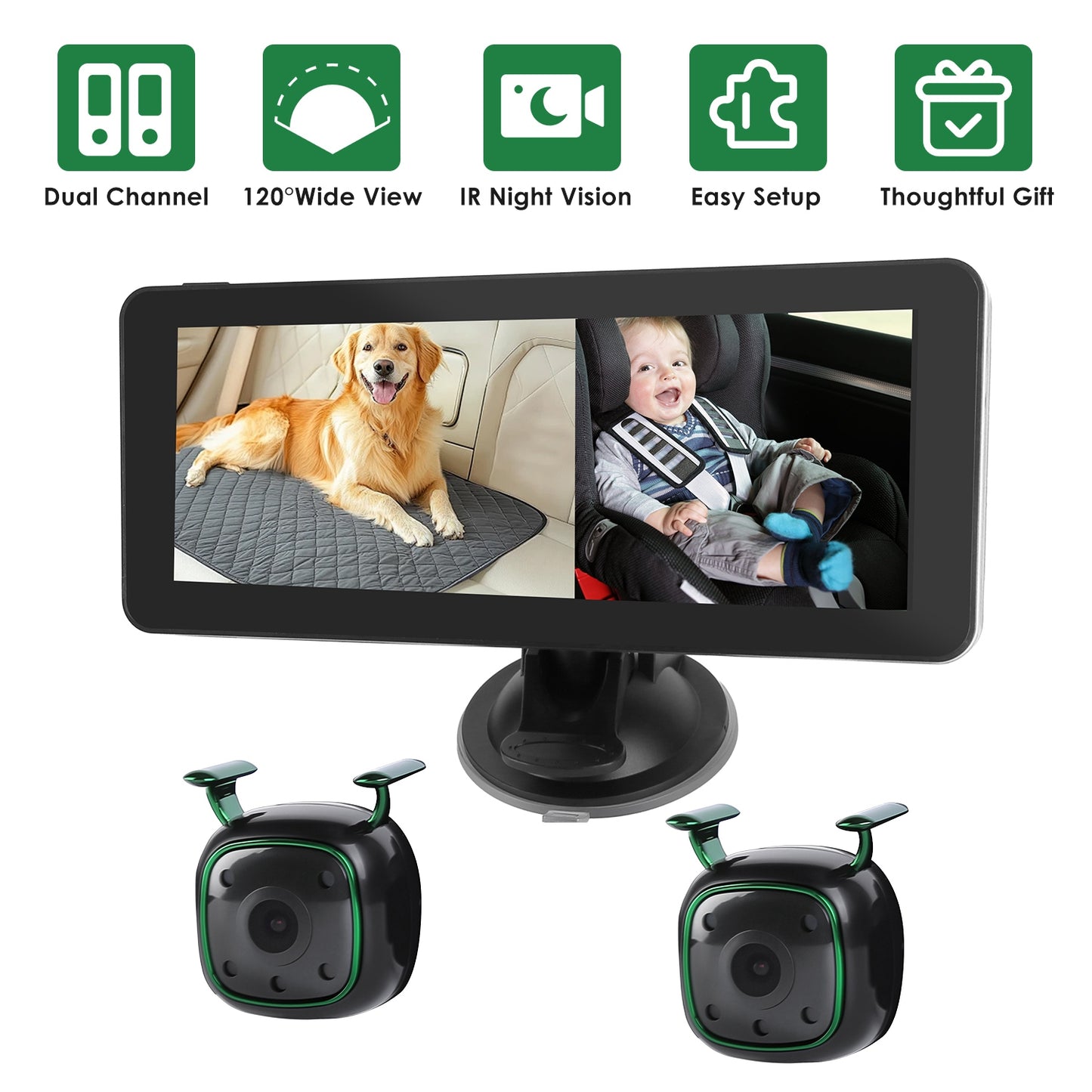 Dual Camera Baby Car Monitor with 6.86" Split Screen & Night Vision