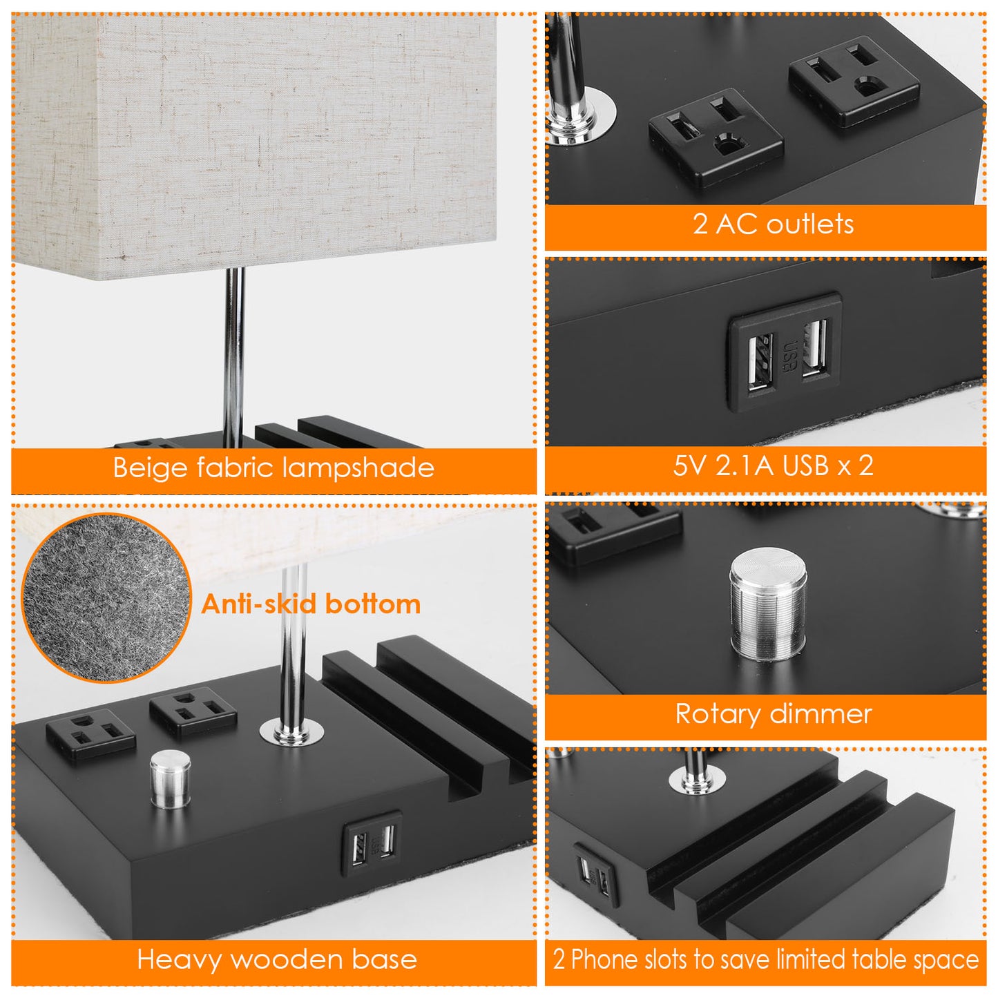 Dimmable Table Lamp with USB Ports and AC Outlets