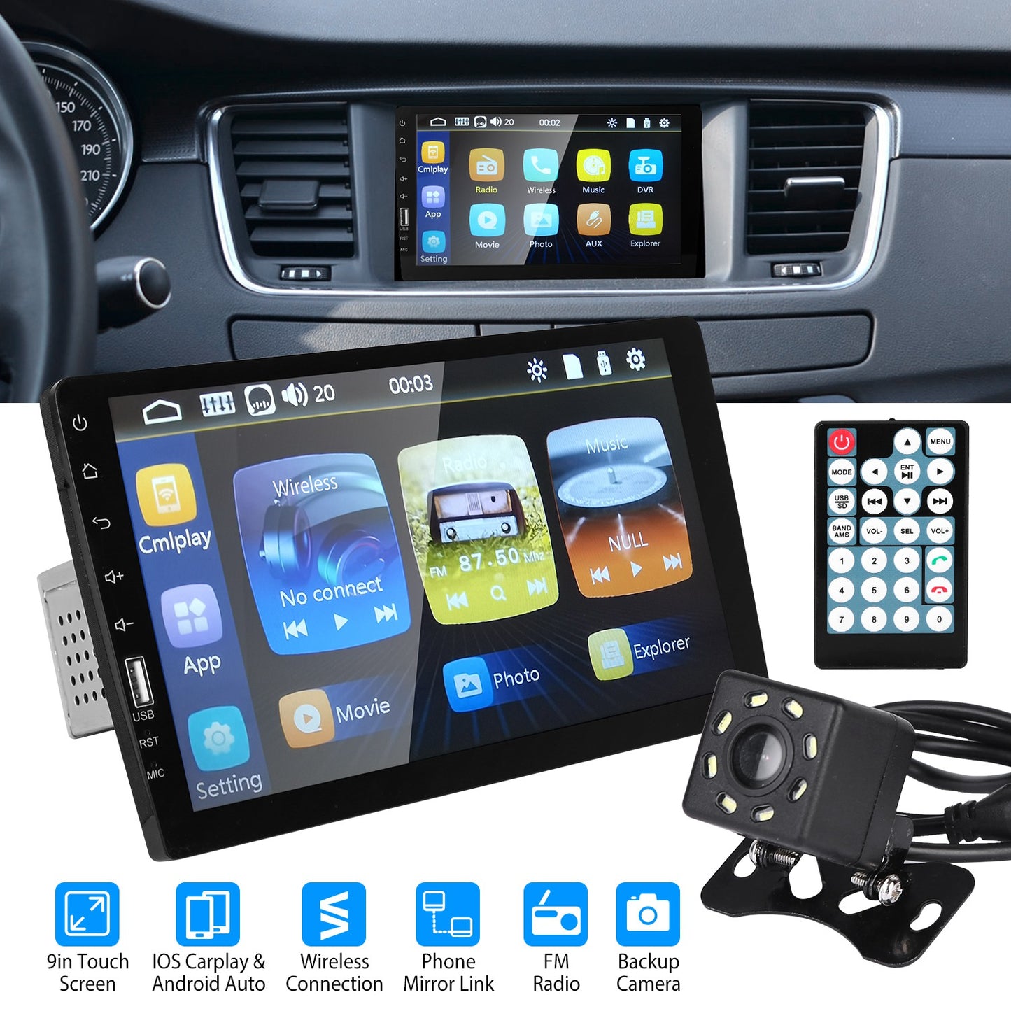 9-Inch Touchscreen Car Stereo with Backup Camera & CarPlay